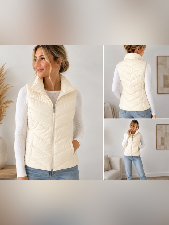 Lands' End Jackets & Blazers - Lands’ End Ivory Quilted Puffer Vest Women’s Medium Full Zip Pockets